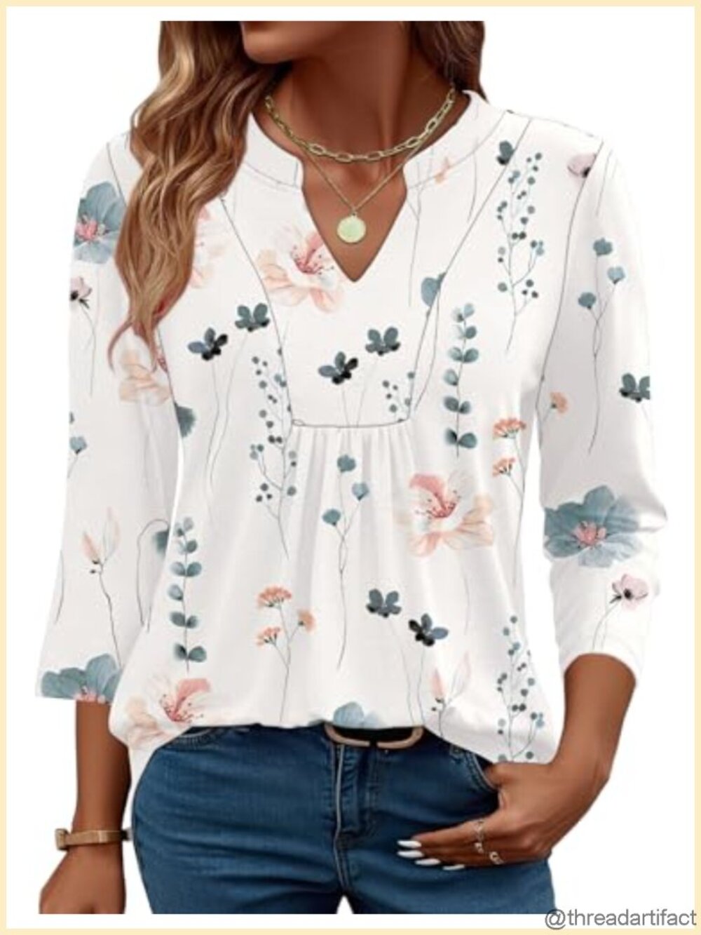 Womens 3/4 Sleeve V Neck Pleated Tunic Top Loose Fit Casual Blouse